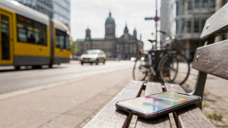 Berlin-Straßenszene mit Bus, Fahrrad und Stadtblick zum Thema Berliner Nachrichten