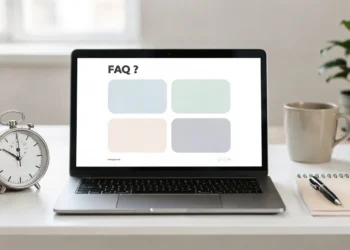 Laptop mit geöffnetem Browser, Notizblock und Küchenutensilien für Alltagsfragen