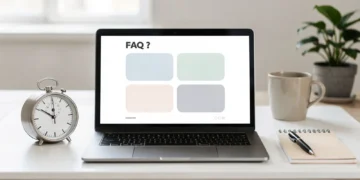 Laptop mit geöffnetem Browser, Notizblock und Küchenutensilien für Alltagsfragen