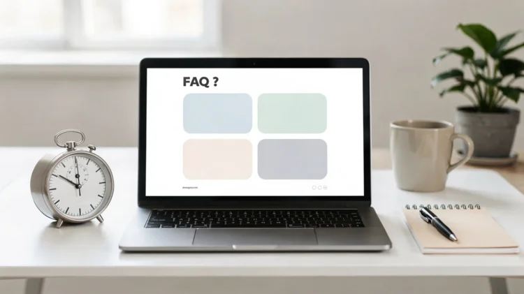 Laptop mit geöffnetem Browser, Notizblock und Küchenutensilien für Alltagsfragen
