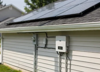 Solaranlage auf einem Hausdach mit Photovoltaikmodulen und Wechselrichter an der Hauswand.