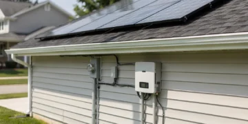 Solaranlage auf einem Hausdach mit Photovoltaikmodulen und Wechselrichter an der Hauswand.