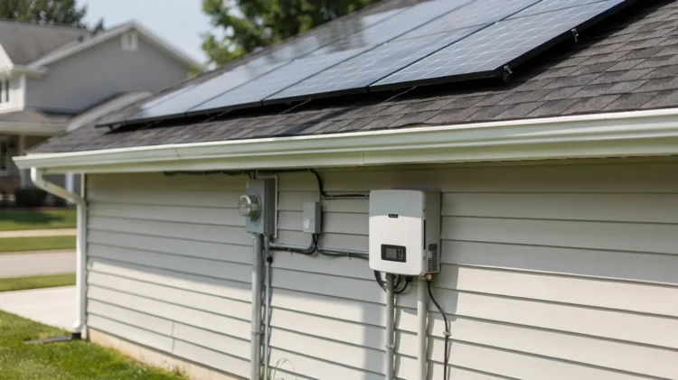 Solaranlage auf einem Hausdach mit Photovoltaikmodulen und Wechselrichter an der Hauswand.