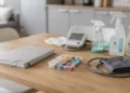 Spitex-Hauspflege zu Hause: Pflegeutensilien, Medikamentenbox und Haushaltshelfer auf einem Tisch