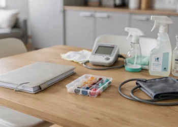 Spitex-Hauspflege zu Hause: Pflegeutensilien, Medikamentenbox und Haushaltshelfer auf einem Tisch