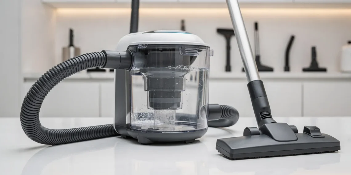 Wasserstaubsauger mit Separator und transparentem Wasserbehälter neben Schlauch und Bodendüse