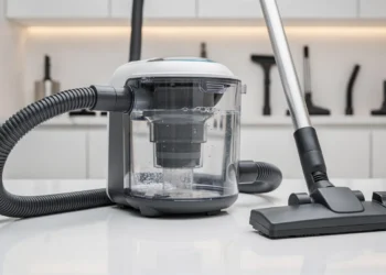 Wasserstaubsauger mit Separator und transparentem Wasserbehälter neben Schlauch und Bodendüse